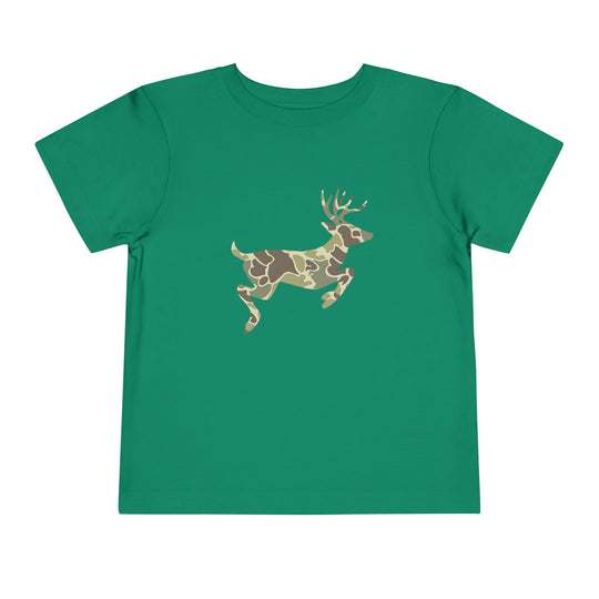 Camo Deer Toddler Tee: A green short-sleeved t-shirt featuring a stylized leaping deer with a woodland camouflage pattern, crafted from soft Airlume cotton for comfort.