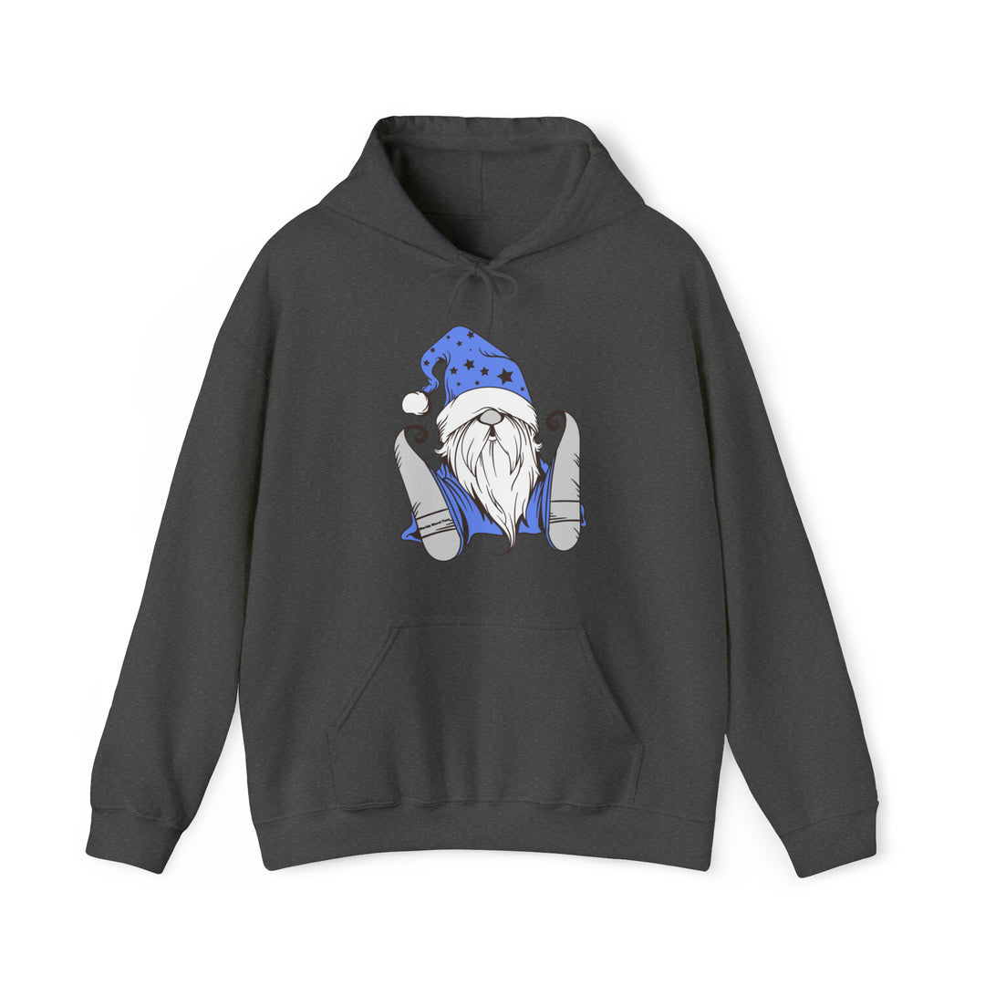 A Christmas Gnome Hoodie featuring a grey sweatshirt with a gnome design, perfect for cozy relaxation. Made of 50% cotton and 50% polyester, with a kangaroo pocket and drawstring hood. Classic fit, tear-away label.