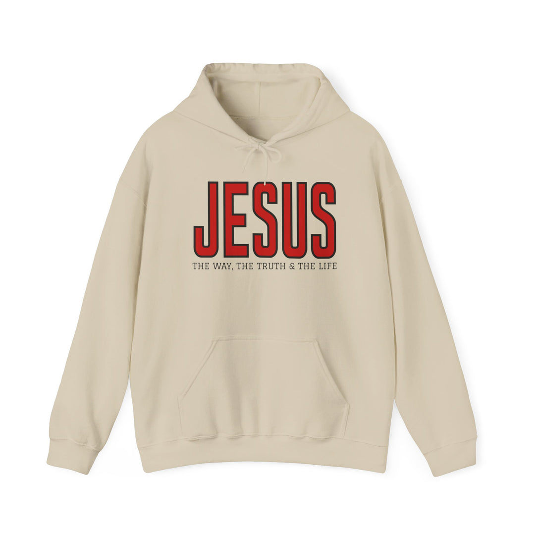Cream-colored hoodie with JESUS in red and THE WAY, THE TRUTH & THE LIFE in black, featuring a kangaroo pocket and drawstring hood.