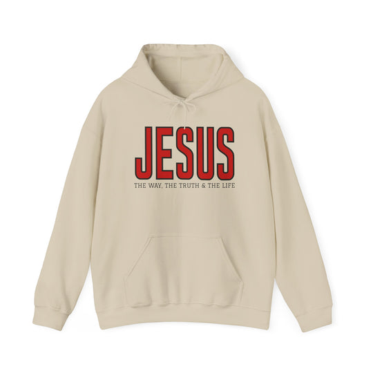 Cream-colored hoodie with JESUS in red and THE WAY, THE TRUTH & THE LIFE in black, featuring a kangaroo pocket and drawstring hood.