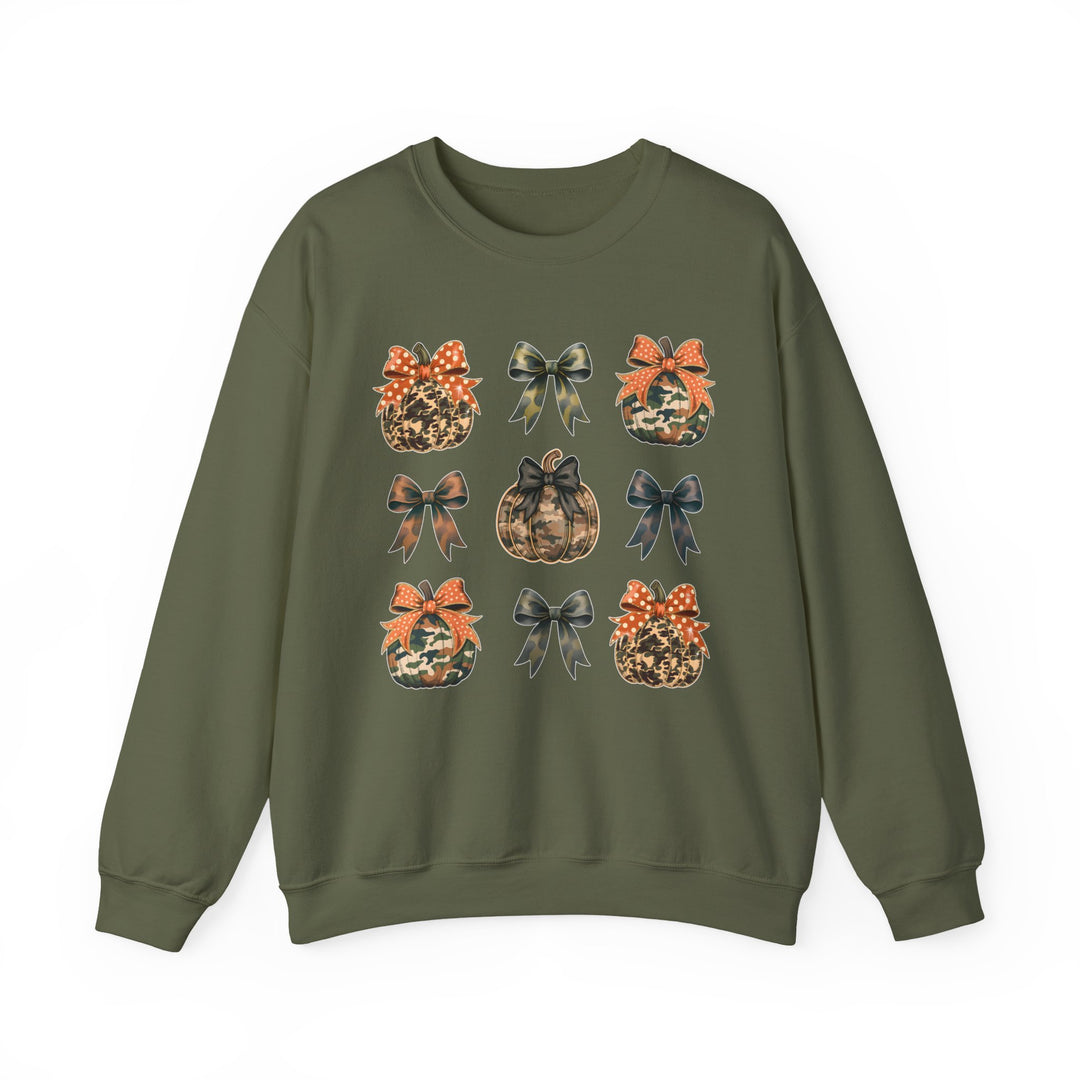 Bows and Pumpkins Crew sweatshirt features a 3x3 grid of printed pumpkins and bows, offering cozy comfort with a durable, classic fit.