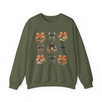 Bows and Pumpkins Crew sweatshirt features a 3x3 grid of printed pumpkins and bows, offering cozy comfort with a durable, classic fit.