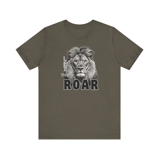 A unisex jersey tee featuring a lion design, titled Let the Lion Roar Tee. Made of 100% Airlume combed cotton, with ribbed knit collars, taping on shoulders, and a retail fit. Soft, quality fabric in light 4.2 oz/yd².