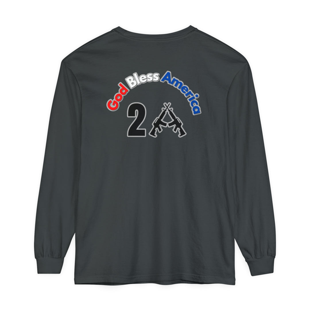 A God Bless America 2A Long Sleeve Tee in grey, featuring a logo close-up and a sticker of two guns. Made of 100% ring-spun cotton with a classic fit for comfort. Sizes S to 3XL available.