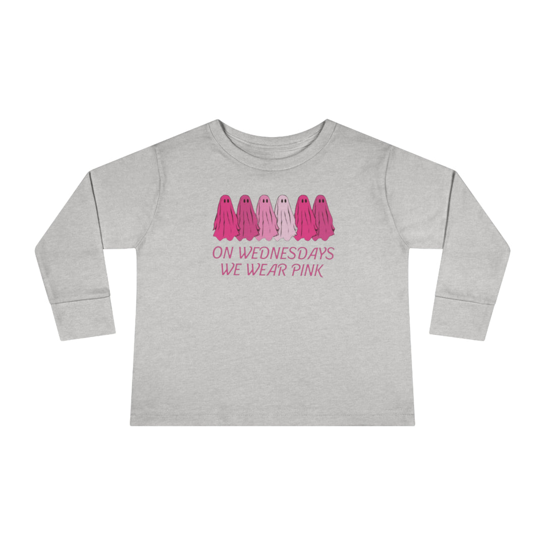 Toddler long-sleeve tee with pink and white ghost design. Made of durable 100% combed ringspun cotton. Features ribbed collar and EasyTear™ label for sensitive skin. From 'Worlds Worst Tees'.