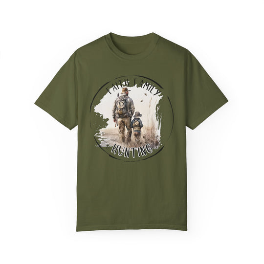 Relaxed fit Faith Family Hunting Tee, featuring a man and child design on a green shirt. Made of 100% ring-spun cotton for comfort and durability, with double-needle stitching and no side-seams for a lasting tubular shape.