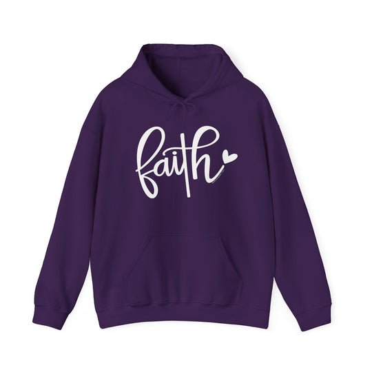 A purple Faith Hoodie sweatshirt with white text, featuring a logo close-up. Unisex heavy blend, cotton-polyester fabric for warmth and comfort. Kangaroo pocket and matching drawstring for style. Sizes S-5XL.