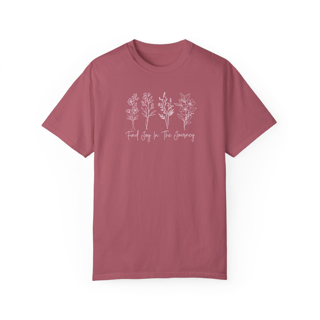 Relaxed fit Find Joy in the Journey Tee, garment-dyed with ring-spun cotton. Soft-washed fabric, double-needle stitching for durability, no side-seams for shape retention. Medium weight, cozy daily wear from Worlds Worst Tees.