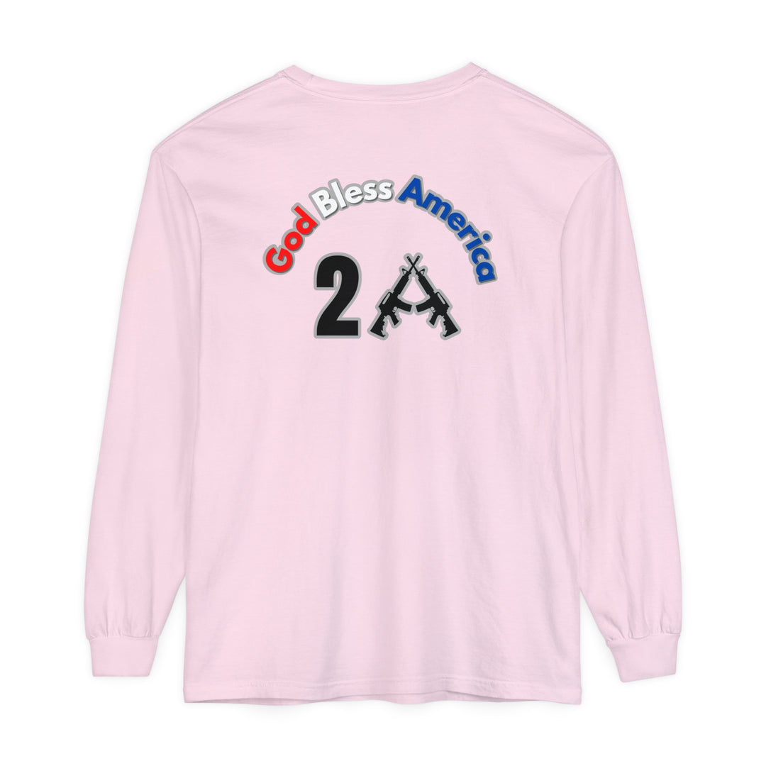 God Bless America 2A Long Sleeve Tee, featuring a pink shirt back with a logo, ideal for casual wear. Made of 100% ring-spun cotton for softness and style. Classic fit, perfect for everyday comfort.