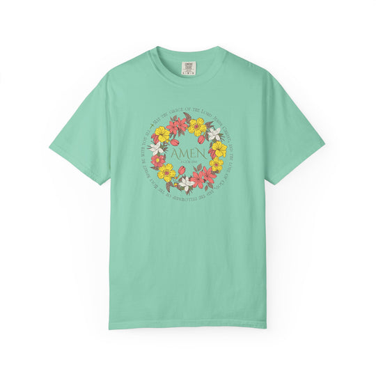 Amen Tee: Green t-shirt featuring a floral design, crafted from soft, garment-dyed cotton, offering a relaxed fit and durable, seamless construction for everyday wear.