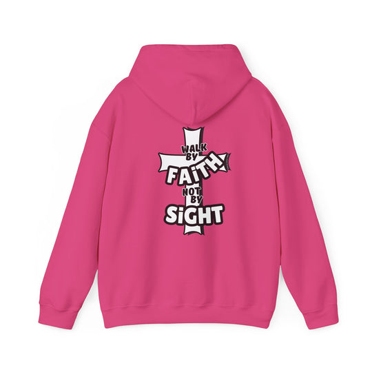 A pink hoodie with white text, featuring Walk By Faith Not By Sight Crew design. Unisex heavy blend hooded sweatshirt in 50% cotton, 50% polyester fabric. Kangaroo pocket, drawstring hood, tear-away label.
