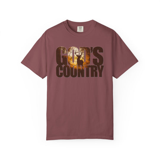 Maroon God's Country tee featuring deer silhouette and forest scene graphic, made from soft, durable 100% ring-spun cotton, relaxed fit with crew neckline.