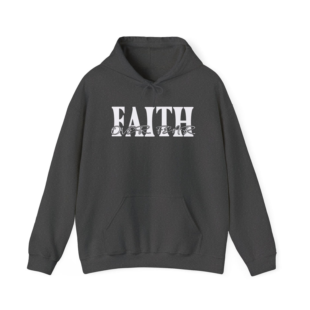 A black Faith Over Fear hoodie with white text, featuring a kangaroo pocket and drawstring hood. Unisex, made of 50% cotton and 50% polyester for warmth and comfort. Medium-heavy fabric, tear-away label, classic fit.