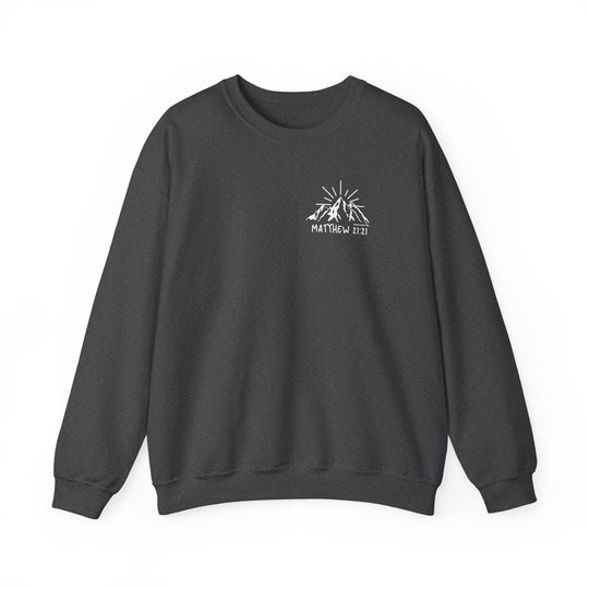 Unisex Faith Can Move Mountains Crew sweatshirt in black with white logo. Medium-heavy blend of cotton and polyester for comfort and durability. Classic fit with ribbed knit collar, double-needle stitching, and tear-away label.