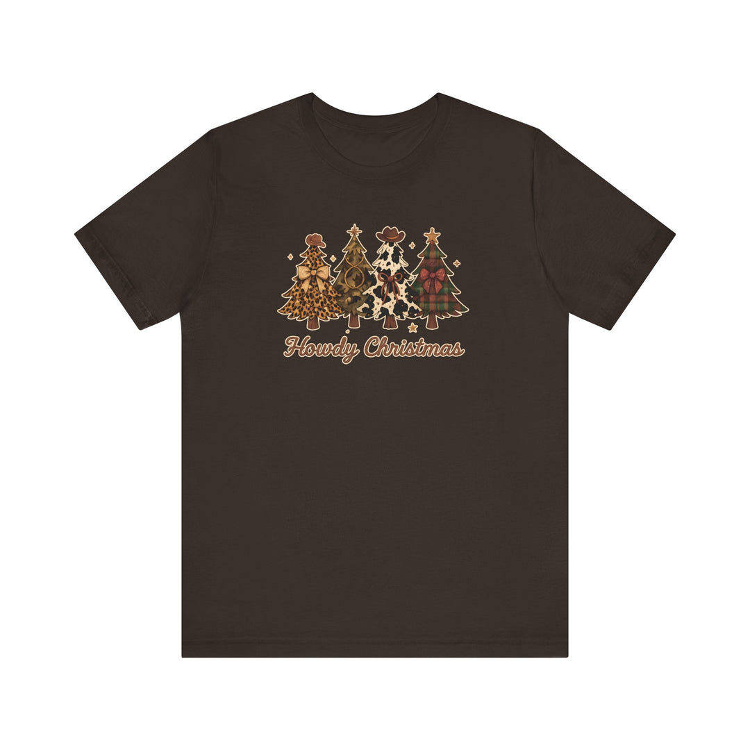 Howdy Christmas Tee featuring whimsical Western-themed Christmas trees with cowboy hats, offering a soft, retail-fit unisex design with durable, quality cotton fabric.