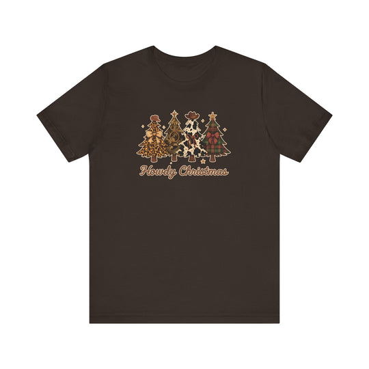 Howdy Christmas Tee featuring whimsical Western-themed Christmas trees with cowboy hats, offering a soft, retail-fit unisex design with durable, quality cotton fabric.