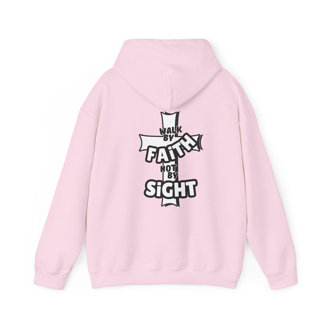 A pink hoodie featuring a cross design and text, part of the Walk By Faith Not By Sight Crew collection by Worlds Worst Tees. Unisex heavy blend sweatshirt with kangaroo pocket, cotton-polyester fabric, and classic fit.