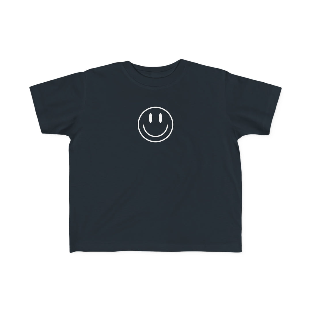 Toddler tee with a black smiley face print, soft 100% combed ringspun cotton fabric, ideal for sensitive skin. Durable, light, classic fit, tear-away label, perfect for first adventures.