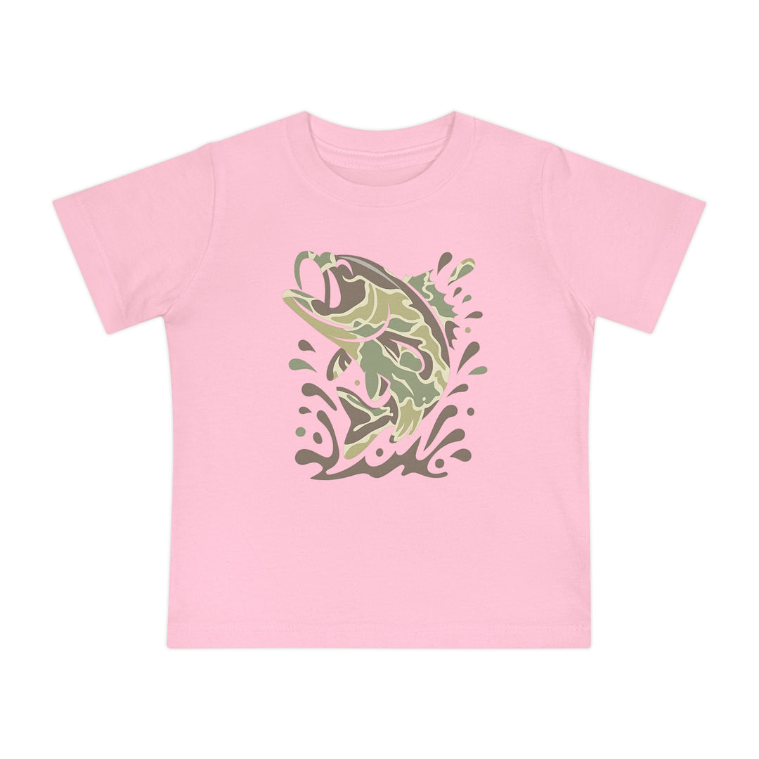 Camo Fish Baby Tee: Light pink kids' T-shirt with a stylized bass in camouflage pattern leaping from water. Soft, shrink-resistant, 100% cotton, available in baby sizes.