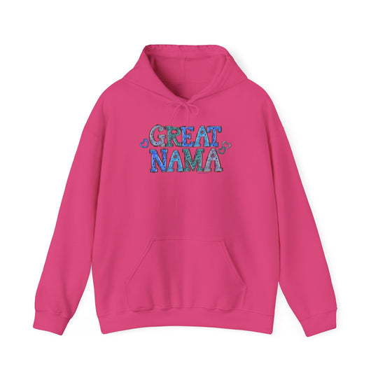 A pink unisex Great Nama Hoodie sweatshirt with a logo, kangaroo pocket, and matching drawstring. Plush, warm blend of cotton and polyester, perfect for cold days. Classic fit, tear-away label, sizes S-5XL.