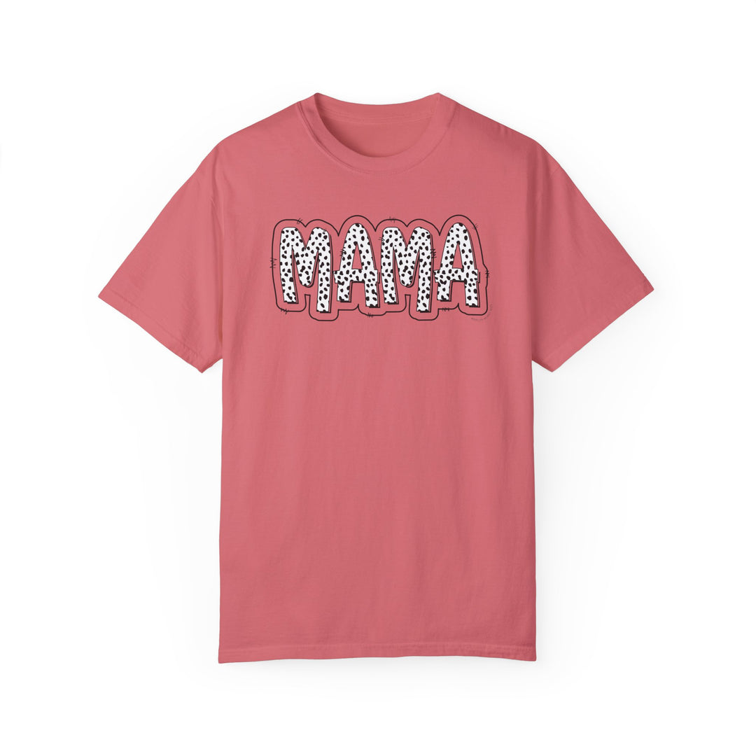 A relaxed fit Mama Print Tee in pink, featuring white text on soft ring-spun cotton. Garment-dyed for coziness, durable with double-needle stitching, and seamless for a tubular shape. From Worlds Worst Tees.