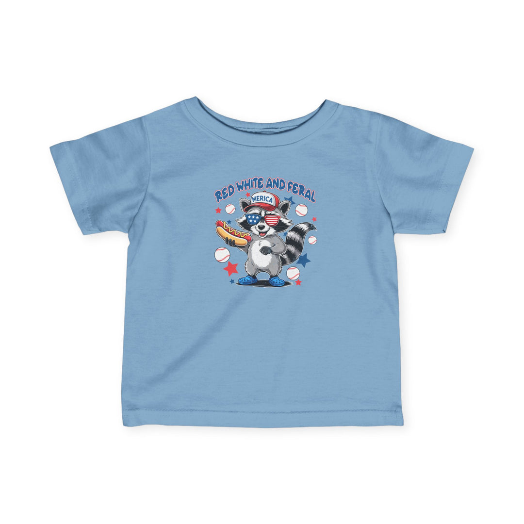 Red White and Feral Baseball Baby Tee, designed for comfort and durability, featuring ribbed knitting, taped shoulders, and side seams for a classic fit.