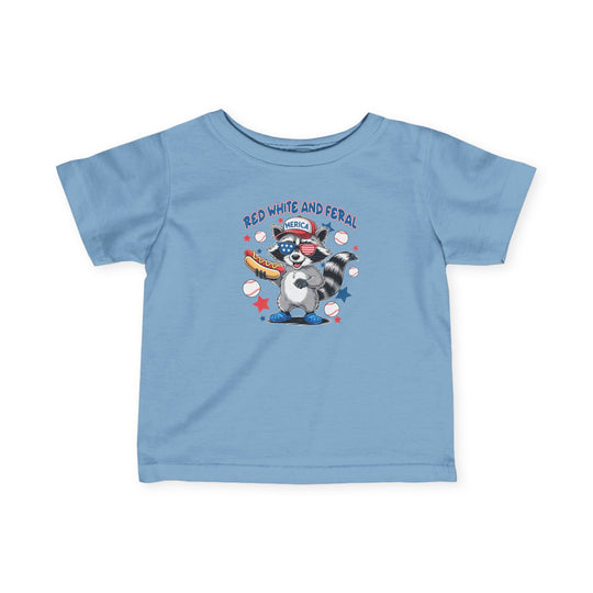 Red White and Feral Baseball Baby Tee, designed for comfort and durability, featuring ribbed knitting, taped shoulders, and side seams for a classic fit.