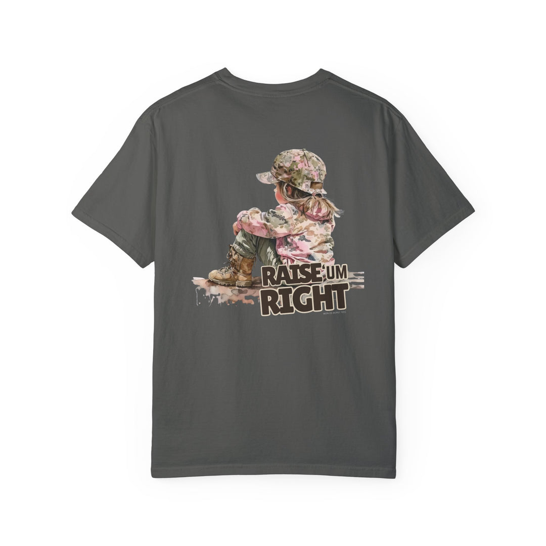 Raise Um Right Tee: Grey t-shirt featuring a cartoon child, made of 100% ring-spun cotton for extra coziness. Relaxed fit with double-needle stitching for durability. Ideal for daily wear. From Worlds Worst Tees.