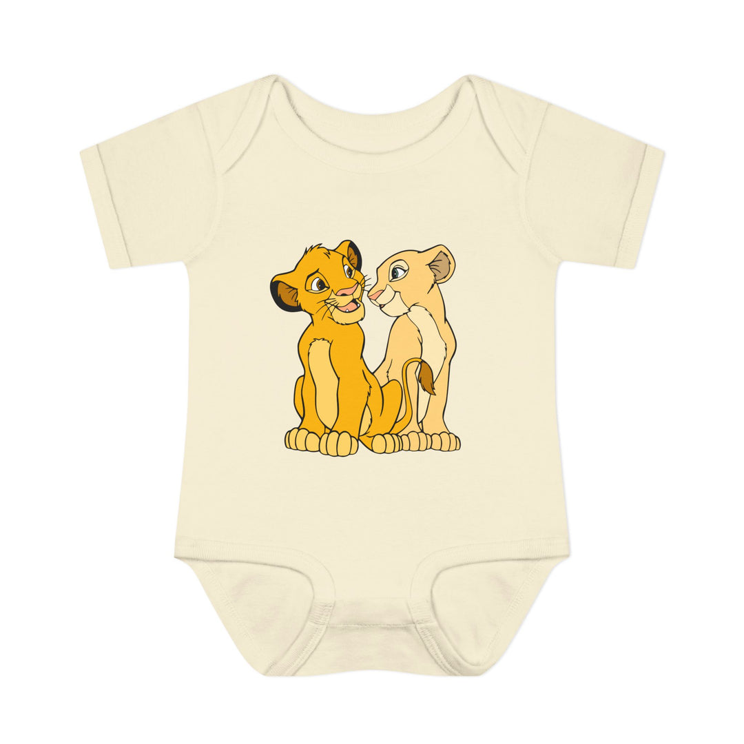 Simba Onesie: Infant unisex bodysuit made from soft, 100% ringspun cotton, featuring lap shoulders for easy adjustments, ideal for comfort and mobility.