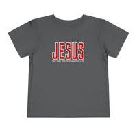 Dark-gray toddler T-shirt featuring a bold JESUS print and The Way, The Truth, & The Life slogan, made from soft, comfortable cotton.