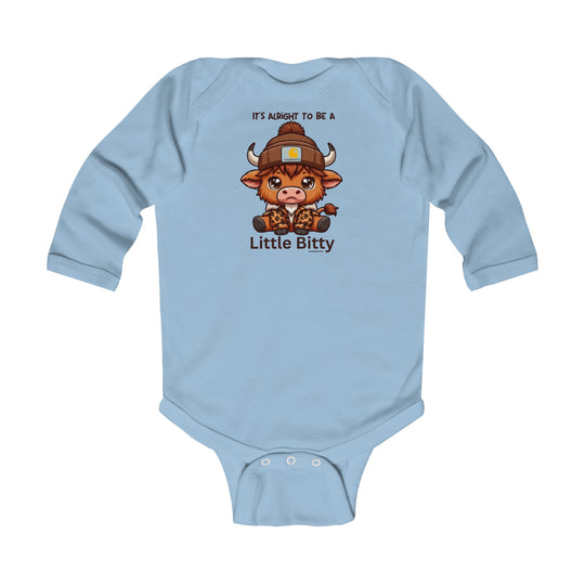 A Little Bitty Long Sleeve Onesie featuring a cute cartoon cow design for infants. Made of soft, durable fabric with ribbed bindings for comfort and ease of changing. Ideal for babies up to 18 months.