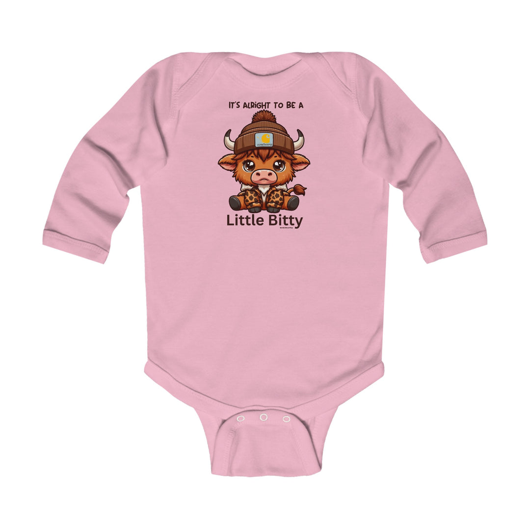 A Little Bitty Long Sleeve Onesie for infants, featuring a pink design with a cartoon cow. Made of soft 100% cotton fabric with ribbed knitting for durability. Plastic snaps for easy changing.