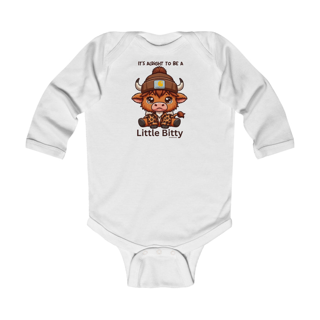 Little Bitty Long Sleeve Onesie featuring a cartoon cow design on a white bodysuit. Made of soft 100% cotton for baby's comfort. Plastic snaps for easy changing. Durable ribbed bindings. From Worlds Worst Tees.