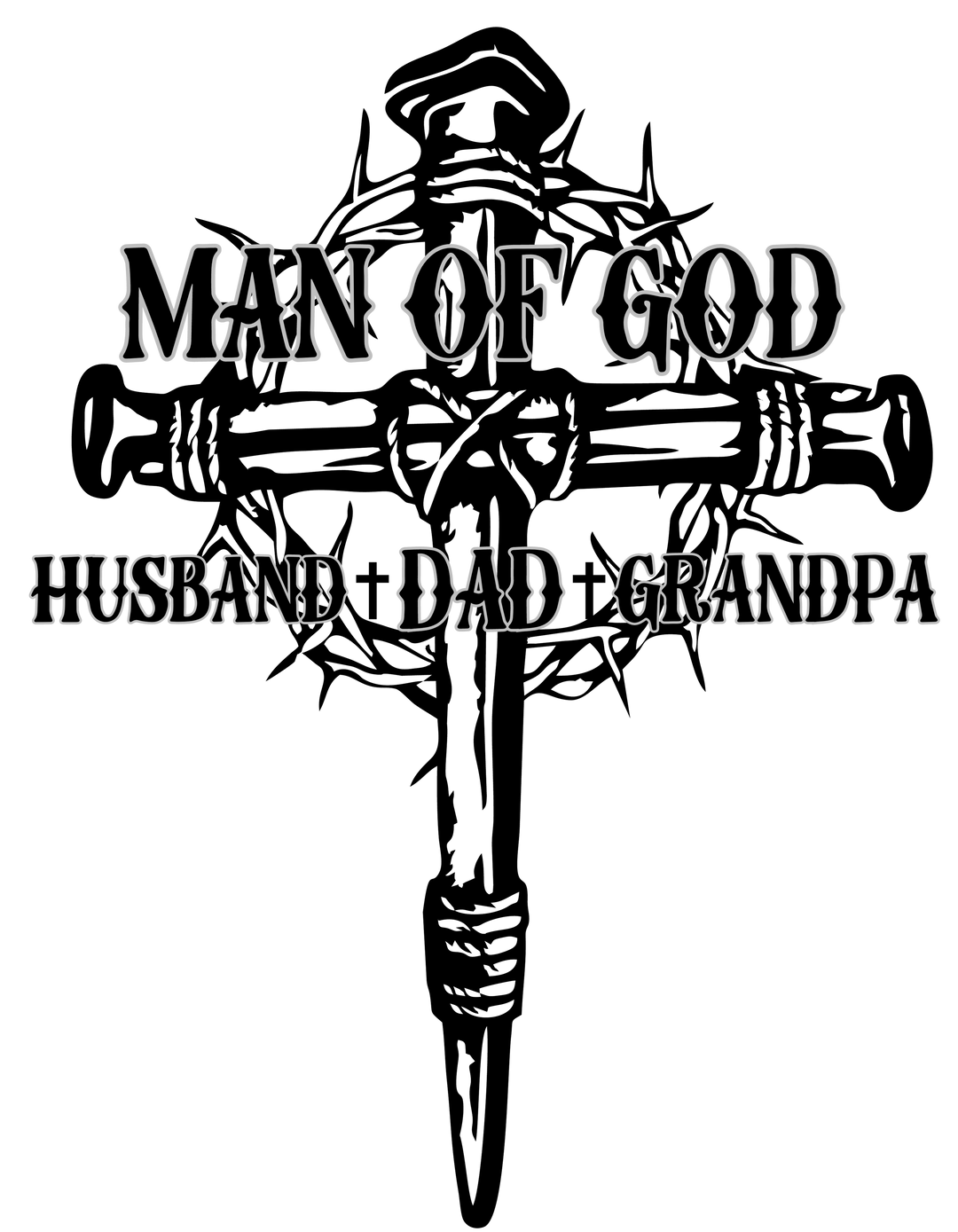A black and white logo tee, Man of God Husband Dad Grandpa Tee, from Worlds Worst Tees. 100% ring-spun cotton, medium weight, relaxed fit, durable double-needle stitching, seamless design for comfort.