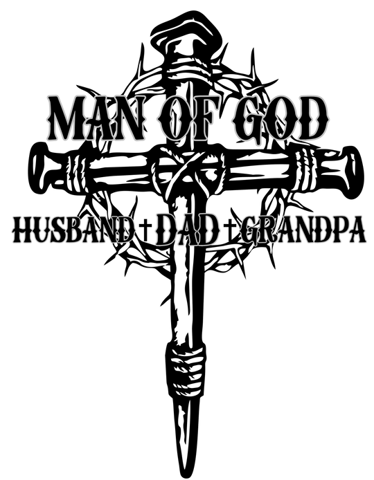 A black and white logo tee, Man of God Husband Dad Grandpa Tee, from Worlds Worst Tees. 100% ring-spun cotton, medium weight, relaxed fit, durable double-needle stitching, seamless design for comfort.