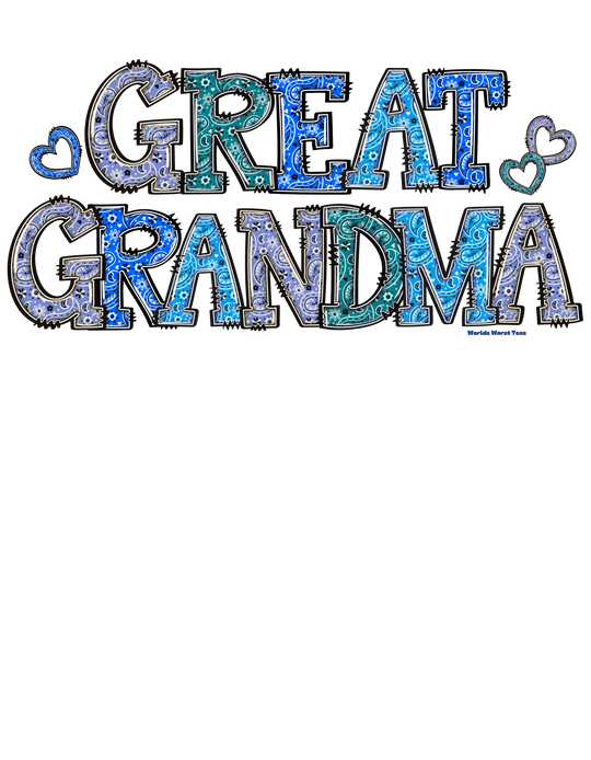 Great Grandma Crew unisex heavy blend crewneck sweatshirt, blue and green paisley design with white letters G and R. Comfortable, ribbed knit collar, no itchy side seams, 50% cotton, 50% polyester.