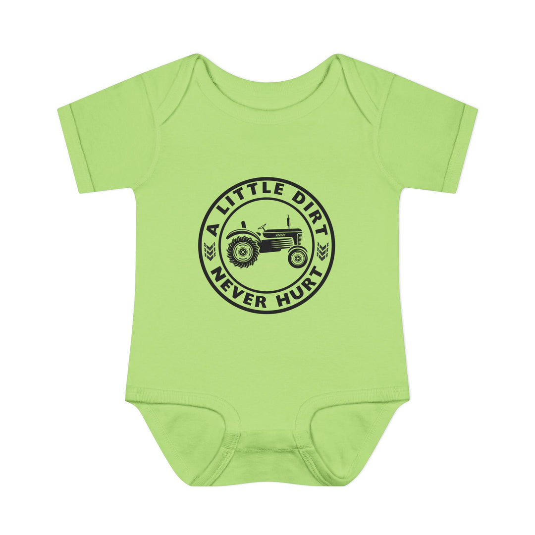 Lime-green infant onesie featuring a black tractor graphic with the slogan A LITTLE DIRT NEVER HURT. Designed for comfort with soft, 100% ring-spun cotton.