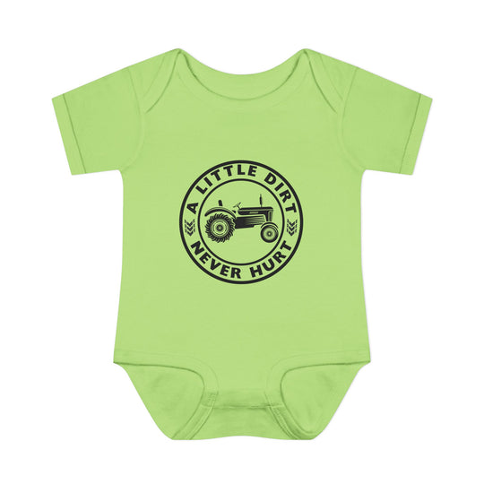 Lime-green infant onesie featuring a black tractor graphic with the slogan A LITTLE DIRT NEVER HURT. Designed for comfort with soft, 100% ring-spun cotton.