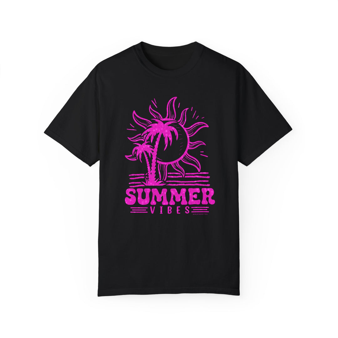 Summer Vibes Tee: Black shirt with pink sun and palm tree graphics. 100% ring-spun cotton, medium weight, relaxed fit, double-needle stitching for durability. No side-seams for a tubular shape.