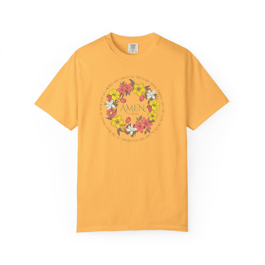 Amen Tee featuring a floral design on a yellow t-shirt, crafted from soft, durable ring-spun cotton, offering a relaxed fit for everyday comfort.