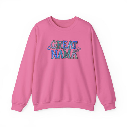 A pink Great Nama Crew sweatshirt in heavy blend fabric, featuring ribbed knit collar for shape retention. Unisex, loose fit, sizes S-5XL. 50% cotton, 50% polyester. No itchy side seams.