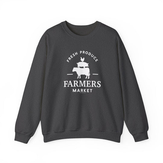 A Farmers Market Crew unisex heavy blend sweatshirt, featuring a logo, ribbed knit collar, and no itchy side seams. Made of 50% Cotton 50% Polyester, medium-heavy fabric, loose fit, and sewn-in label.