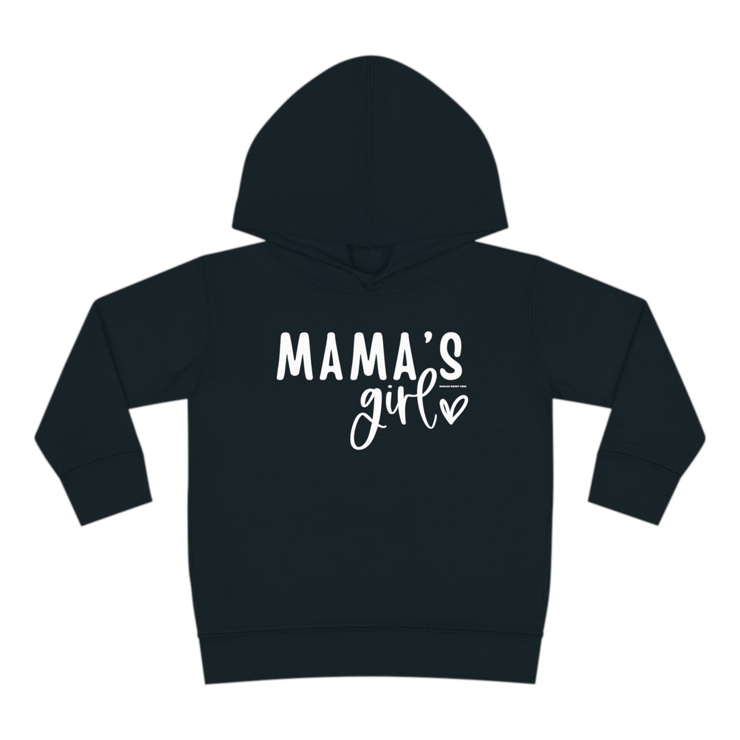 Toddler hoodie with Mama's Girl design, featuring durable construction with cover-stitched details. Side seam pockets for added convenience. Made of 60% cotton, 40% polyester blend. Sizes: 2T, 4T, 5-6T.