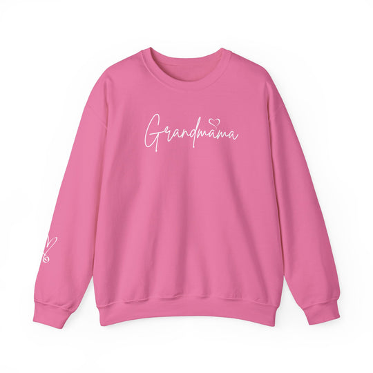 Unisex Grandmama Crew sweatshirt, pink with white text. Heavy blend fabric, ribbed knit collar, no itchy seams. Sizes S-5XL. Ideal for comfort in a loose fit style.