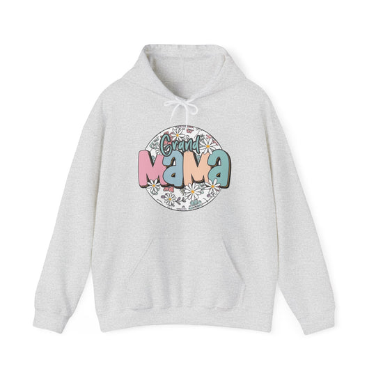A white hooded sweatshirt with a logo, a cozy blend of cotton and polyester, featuring a kangaroo pocket and matching drawstring. Sassy Grand Mama Flower Hoodie by Worlds Worst Tees.