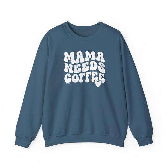 Unisex Mama Needs Coffee Crew sweatshirt, a blend of comfort and style. Features ribbed knit collar, no itchy seams, 50% cotton, 50% polyester, medium-heavy fabric, loose fit. Ideal for any occasion.
