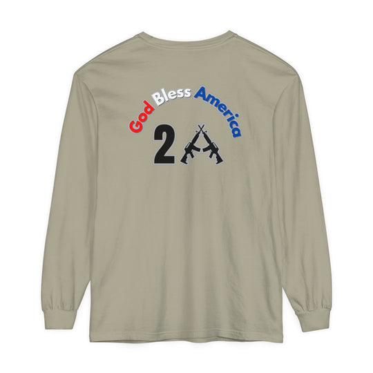 Long-sleeve tee featuring God Bless America 2A design on back, with sticker of two guns. Made of 100% ring-spun cotton, garment-dyed fabric, and relaxed fit for comfort. Classic Fit, sizes S-3XL.