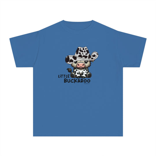 Buckaroo Kids Tee: Blue shirt with a cartoon cow in a cowboy hat. 100% combed ringspun cotton, light fabric, classic fit for active kids. Ideal for play or study time.
