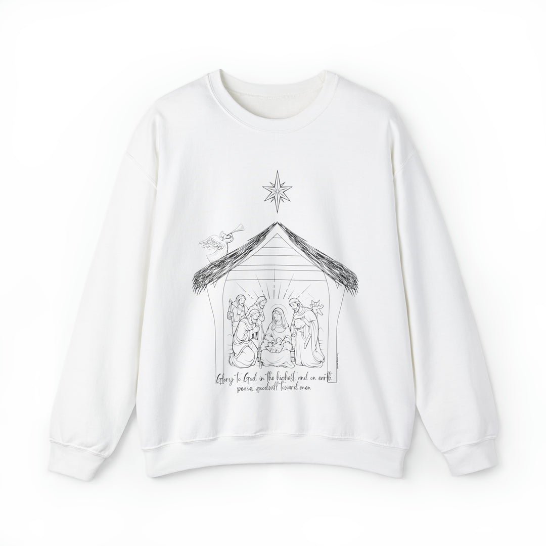 A white crewneck sweatshirt featuring a drawing of a manger, angel playing a trumpet, and more. Unisex heavy blend for comfort, ribbed knit collar, no itchy seams. Glory to God Crew.