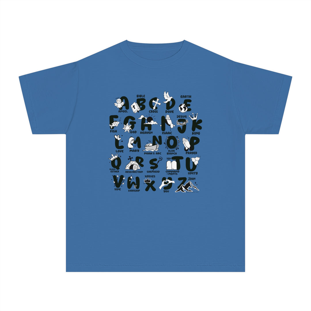 Kids' Bible Alphabet Tee, blue shirt with black letters and numbers. 100% combed ringspun cotton, soft-washed, garment-dyed, classic fit for all-day comfort. Ideal for active kids.